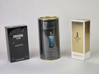 three different types of men ' s perfumes on a white surface