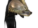 an image of a helmet with long black hair on a white background