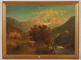 painting of a mountain scene with a river and a mountain range in the background
