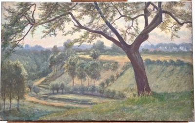 an oil painting of a tree in a field with hills in the background