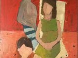 tableau représentant deux enfants assis sur un lit, sur fond rouge