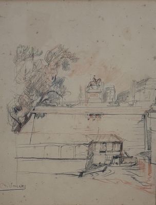 dessin représentant la vue d'un bâtiment avec une tour horloge en arrière-plan