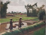 un tableau représentant deux femmes marchant sur un sentier