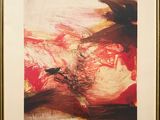 painting of a red and white abstract painting in a gold frame