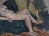 a painting of a nude woman sitting on a couch