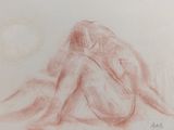 dessin représentant une femme nue assise sur un lit, avec une pleine lune en arrière-plan