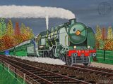 un tableau représentant un train sur les rails, d'où s'échappe de la fumée