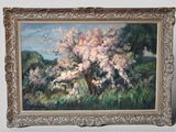 an oil painting of a tree in a field with a sky background