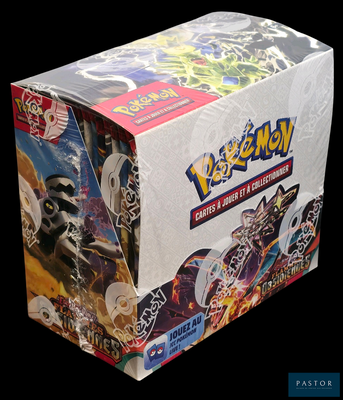 a box of pokemon trading cards on a black background