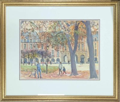 painting of a painting of people walking in a park with a building in the background