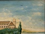 une peinture représentant un bâtiment au bord d'un lac