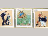 trois photos encadrées représentant un homme en costume et une femme en robe bleue