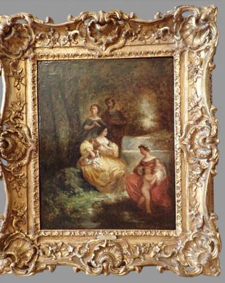 an antique painting of a woman and two children in a wooded setting