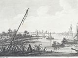 a drawing of a view of a river with boats in it