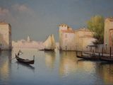 a painting of a gondola on the water with buildings in the background