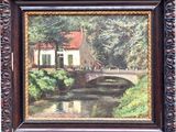 an oil painting of a house by a river with a bridge in the foreground