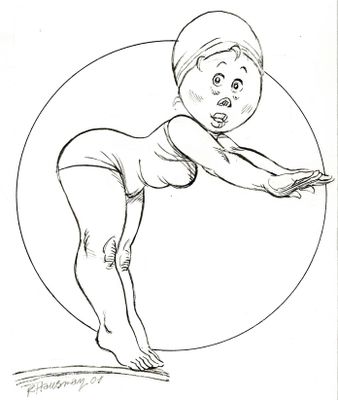 cartoon drawing of a woman in a bathing suit doing a trick with a frisbee