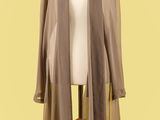 cardigan gris ouvert sur le devant, avec des manches transparentes, présenté sur un mannequin
