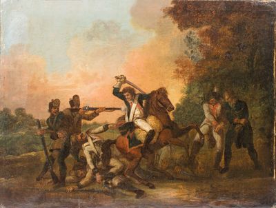 tableau représentant un groupe d'hommes à cheval, dont un homme à cheval