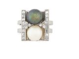 an image of a ring with a pearl and diamonds on a white background