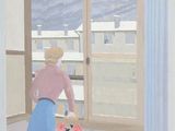un tableau représentant une femme debout devant une fenêtre, avec des fleurs dans un vase