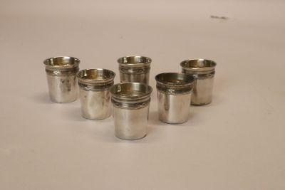 six verres à shot en argent alignés sur une surface blanche