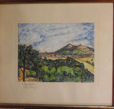 aquarelle encadrée représentant un paysage avec une montagne au loin