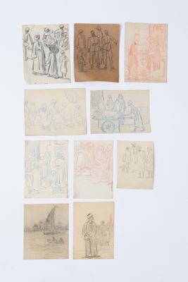 plusieurs dessins représentant des personnes et une calèche sur un fond blanc