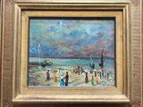 an oil painting of a beach scene with people walking on the sand