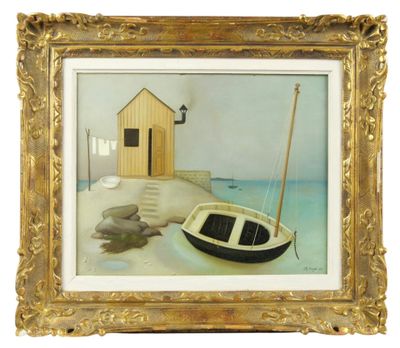 tableau représentant un bateau sur une plage, avec une maison en arrière-plan