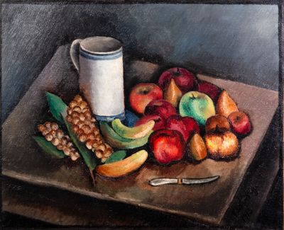 une peinture représentant une assiette de fruits posée sur une table