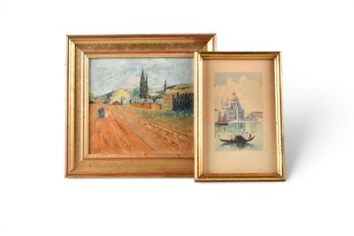 painting of a landscape with a gondola and a painting of a village
