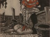 dessin représentant une femme coiffée d'un chapeau rouge, assise sur un plancher en bois à côté d'un chat