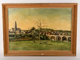 une peinture à l'huile représentant une vue d'une ville avec un pont au premier plan