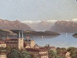 painting of a view of a castle with a lake and mountains in the background