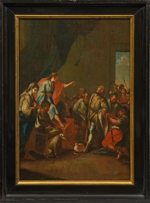 une peinture représentant une peinture d'un groupe de personnes dans une pièce