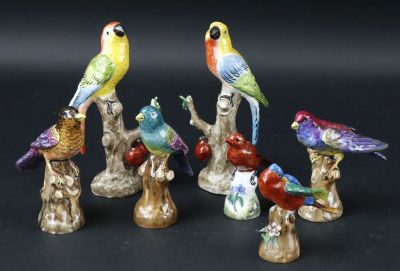 cinq oiseaux de couleurs différentes perchés sur une souche d'arbre
