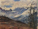 an oil painting of a mountain scene with a lone tree in the foreground