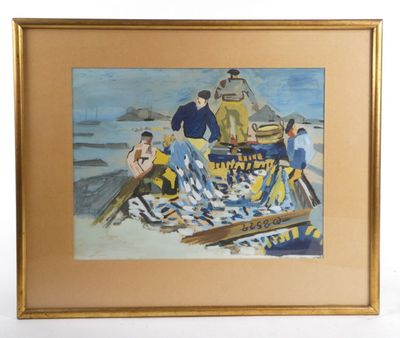painting of a group of people on a beach with a boat in the background
