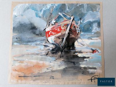 une peinture représentant un bateau sur la plage, posé sur le sable
