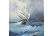 an oil painting of a sailboat in rough seas with a man in a kayak in the background