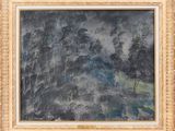 an oil painting of a mountain scene with trees in the foreground