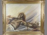 an oil painting of a man laying on a bed with a dog