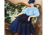 une peinture à l'huile représentant une femme assise sur un canapé, coiffée d'un chapeau bleu