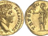 a gold coin with an image of a man holding a sword