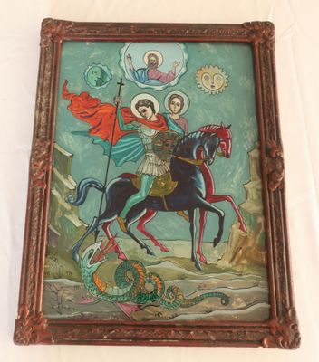 une image représentant un tableau où l'on voit un homme à cheval, avec un dragon sur le dos