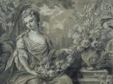 painting of a woman holding a bunch of flowers sitting on a table