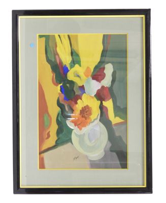 tableau représentant des fleurs jaunes dans un vase posé sur une table