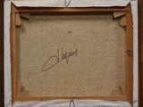 a close up of a picture of a painting with a signature on it