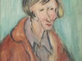 une peinture à l'huile représentant une femme vêtue d'un manteau rouge